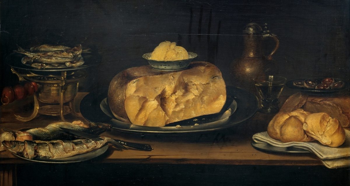 “Bodegón: mesa con vajilla, queso, salchichón y pescados” (primera mitad del siglo XVII), de Alexander van Adrianssen