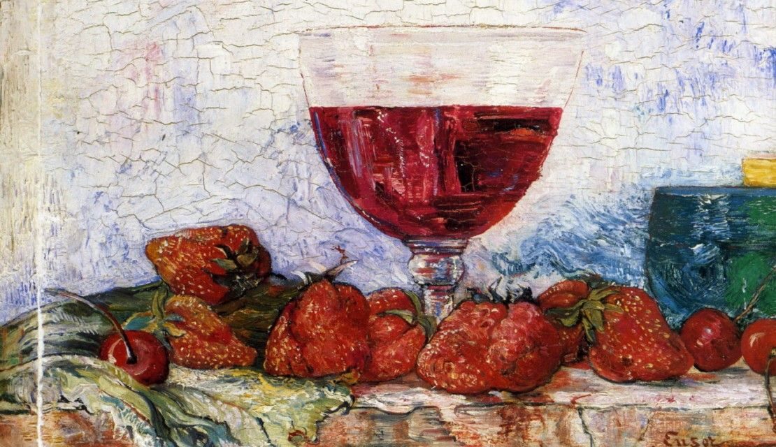 “Copa de vino tinto, cortadores y cerezas” (1892), de James Ensor