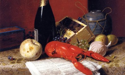 “Bodegón con langosta, fruta, champán y periódico” (1881), de William Michael Harnett