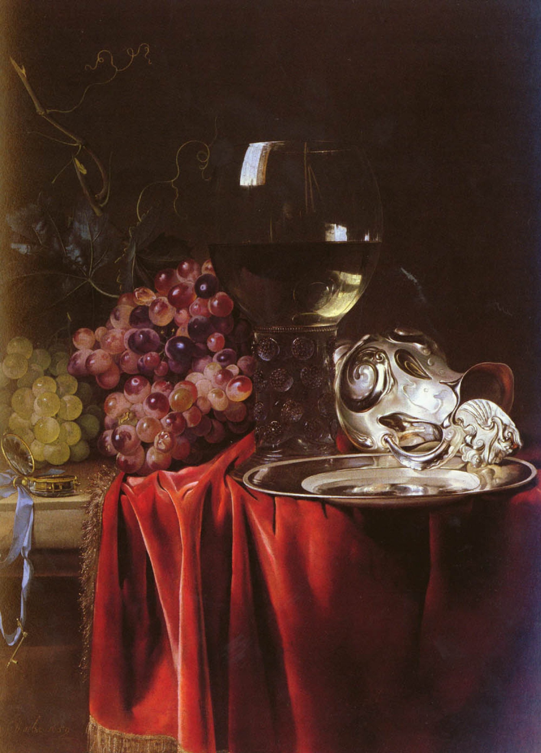 Still life with grapes, a clock, a silver pitcher and a glass (1659), de Willem van Aelst