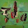 Jarrón, vaso, botella y fruta. Naturaleza muerta verde (1914), de Pablo Picasso
