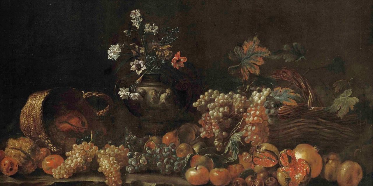 “Uvas, granadas, manzanas, limones, cestas de mimbre y un jarrón esculpido con flores en una repisa” (1690), de Jean-Baptiste Monnoyer
