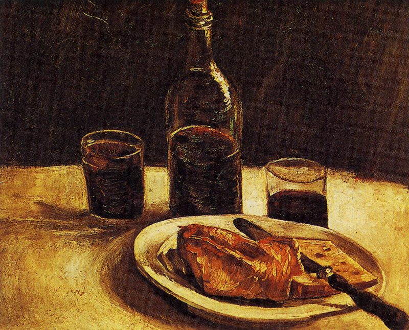 Bodegón con plato, vasos y botella de vino (1886), de Vincent van Gogh