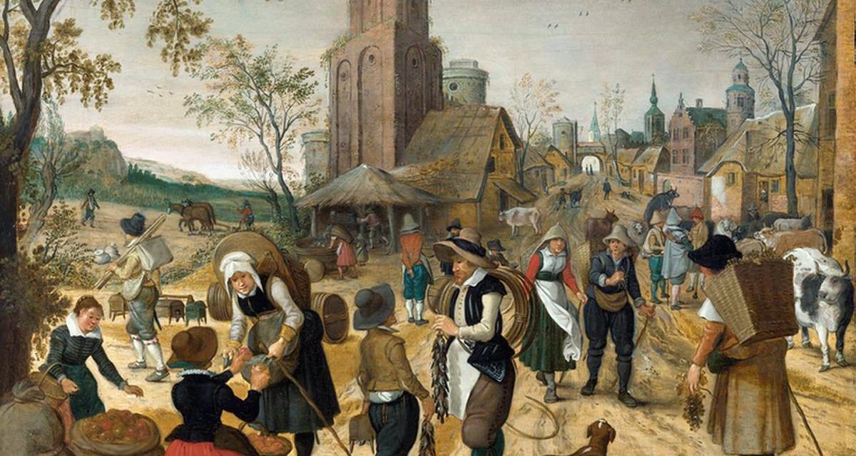 “Otoño, escena de mercado en el corazón de un pueblo” (1620-1622), de Sebastian Vrancx
