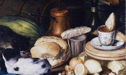 “Bodegón de merienda con chocolatera, jícara y azucarillo, caja de dulce, vasos, pan, nueces, frutas y dos gatos” (1745), de Juan Pedro Peralta