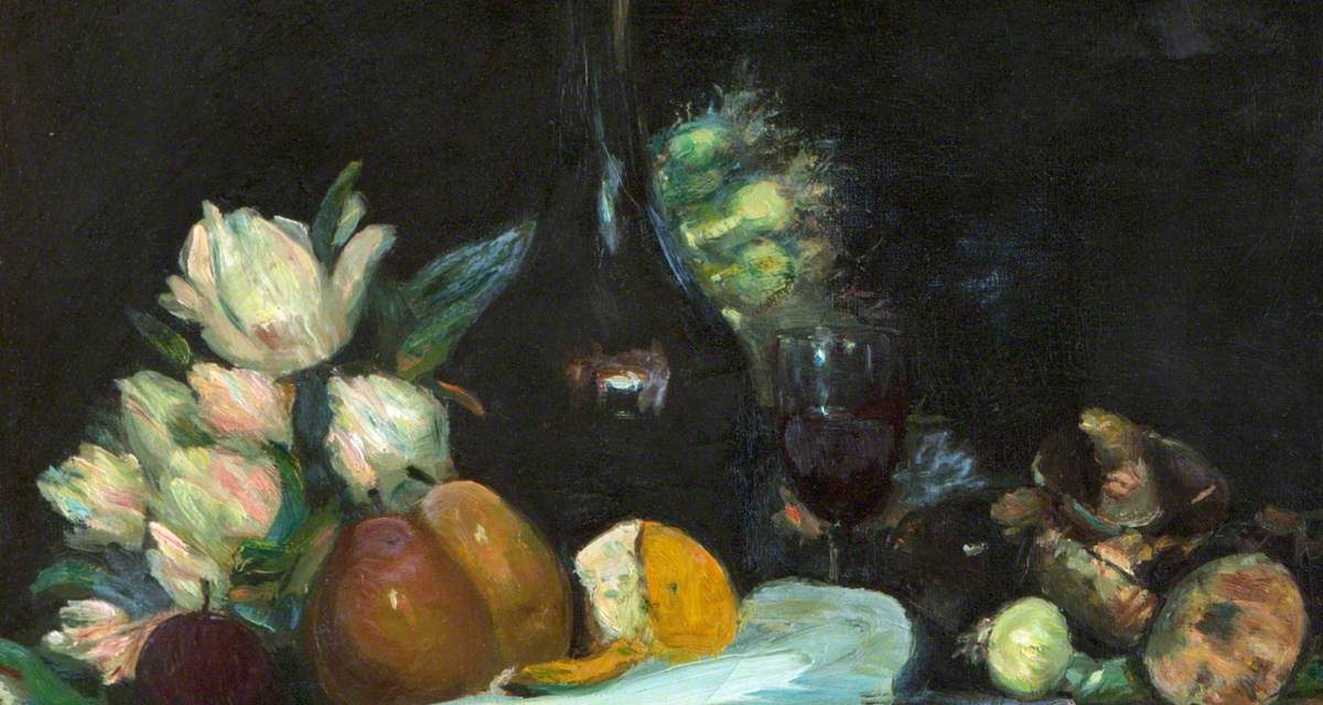 “Bodegón con botella de vino, copa de vino, fruta y flores” (1910), de Leslie Hunter