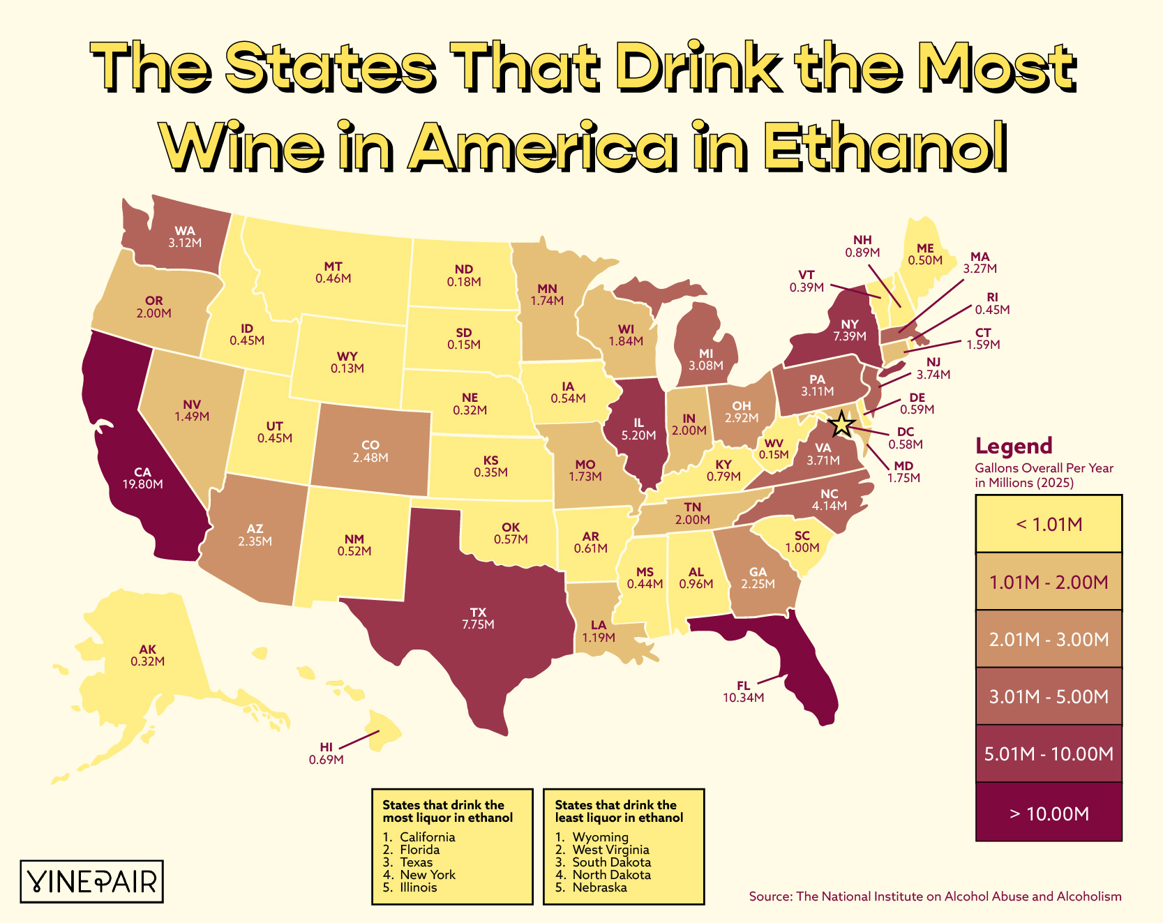 ¿Tienes curiosidad por ver cuánto vino bebe tu estado natal? Consulte nuestros mapas para conocer el volumen de consumo de vino estado por estado en EE. UU.